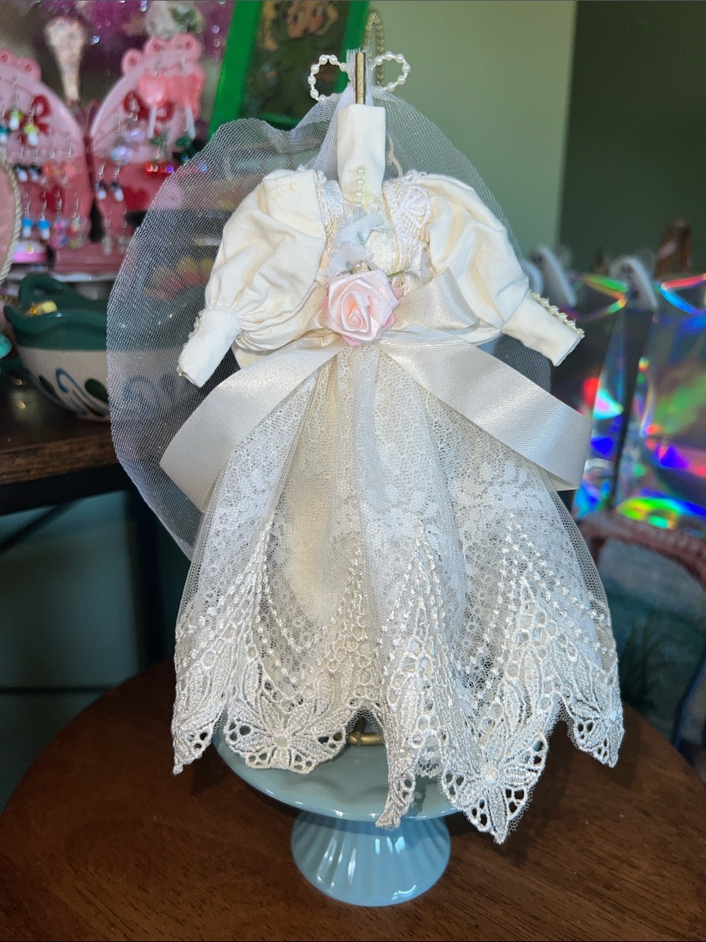 White Lace Dress ornament with Pink Rose Accent with stand